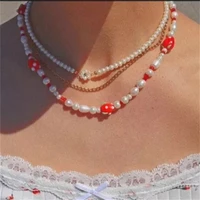 fashion cute red strawberry pearls beaded choker necklaces for women handmade sweet fruit beads strand necklace trendy jewelry