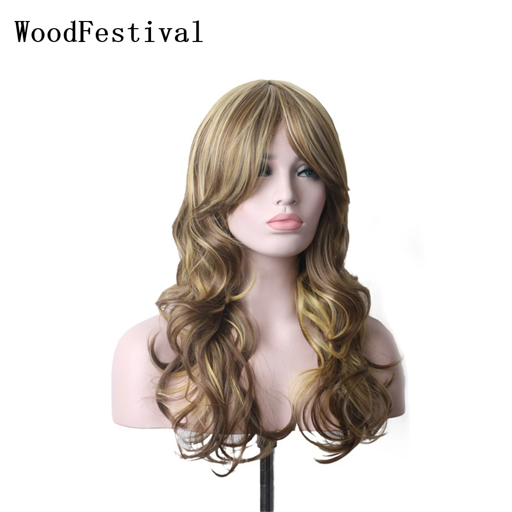 

WoodFestival Synthetic Wigs With Bangs Long Hair Wig Female Cosplay Ombre Red Black Blonde Brown Two Color Women Wavy