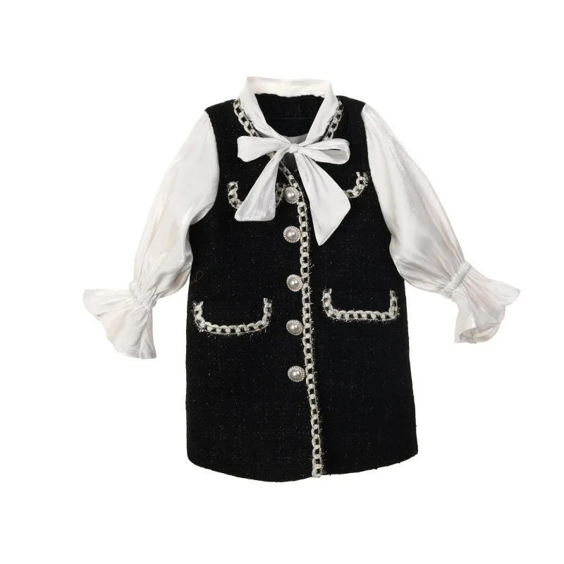 

New Autumn Girls Princess Patchwork Dres Fashion Party Costumes Kids Bowtie Casual Outfits Baby Lovely Suits For 2-7Y Dress