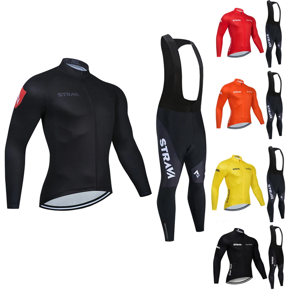 

2020 Strava Men's Cycling Jersey Long sleeve set MTB Bike Clothing Maillot Ropa Ciclismo Hombre Bicycle Wear 20D GEL bib pants