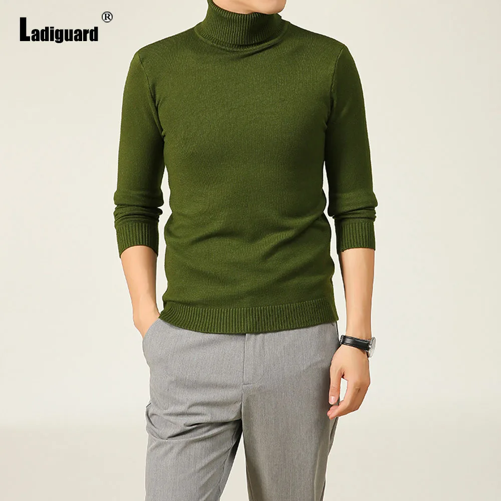 Ladiguard Plus Size Men Basic Sweater Casual Knitwear 2021 Autumn Mock Neck Top Knitted Pullovers Sexy Fashion Sweater Homme 4XL