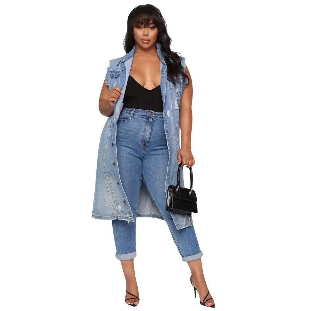 blue jeans jacket Adogirl женский модный джинсовый жилет средней длины с карманами на пуговицах, отложным воротником, без рукавов, Повседневная джинсовая куртка, осенние пальто - Цвет: blue jeans jacket