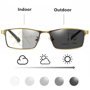 Очки для чтения мужские с мультифокальными линзами, аксессуар для дальнозоркости с металлической оправой, с защитой от синего света, с фотохромными линзами из смолы, золотистые