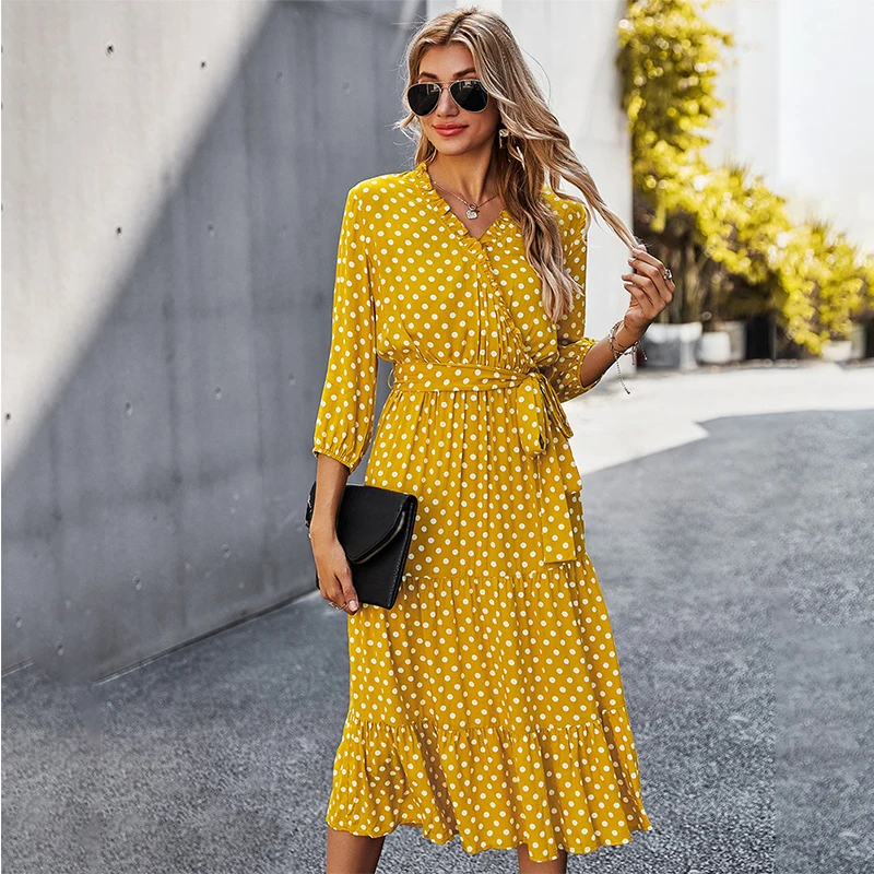 

Ladies Spring Summer Elegant Dot Bandage Dress Women 2021 New Ruffles V Neck High Waist Slim Print Long Dress for Female
