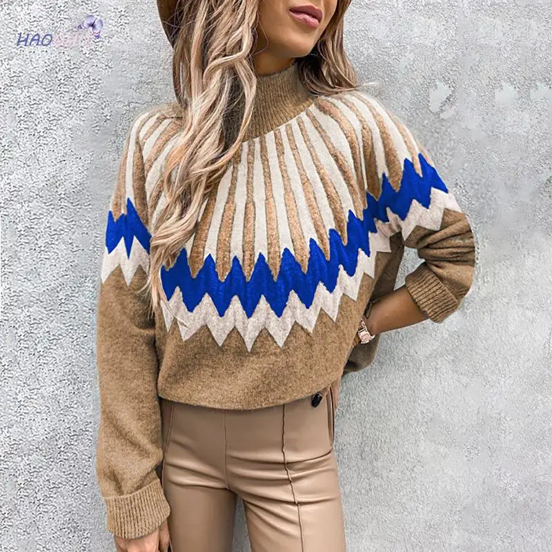 

Knitting Pullover Printed Turtleneck Long Sleeve Loose Casual Sweater 2021 Autumn Winter New Women Clothing Urban Keep Warm