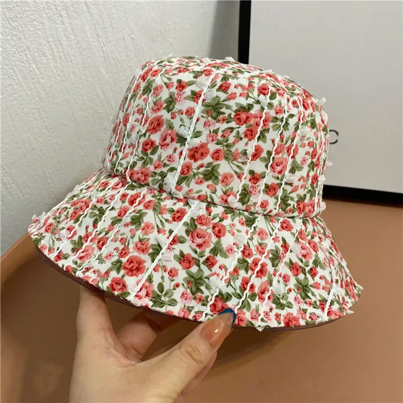 

Korean Fashion Flowers Bucket Hat Cute Girl Bob Hip Hop Gorros Summer Panama Cap Beach Sun Fishing Boonie Hat Designer Bonnets