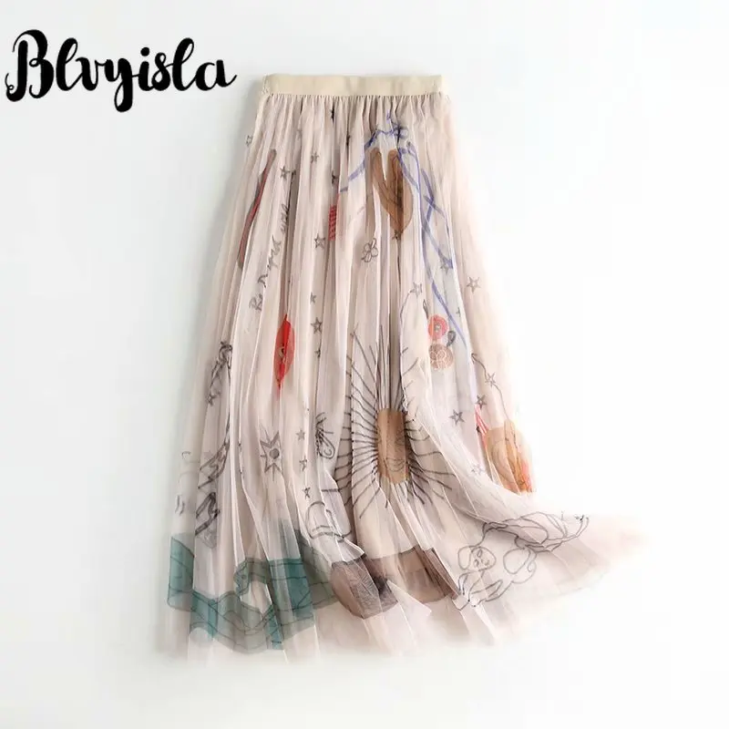 Женская юбка с высокой талией Blvyisla эластичная длинная сетчатая принтом летние