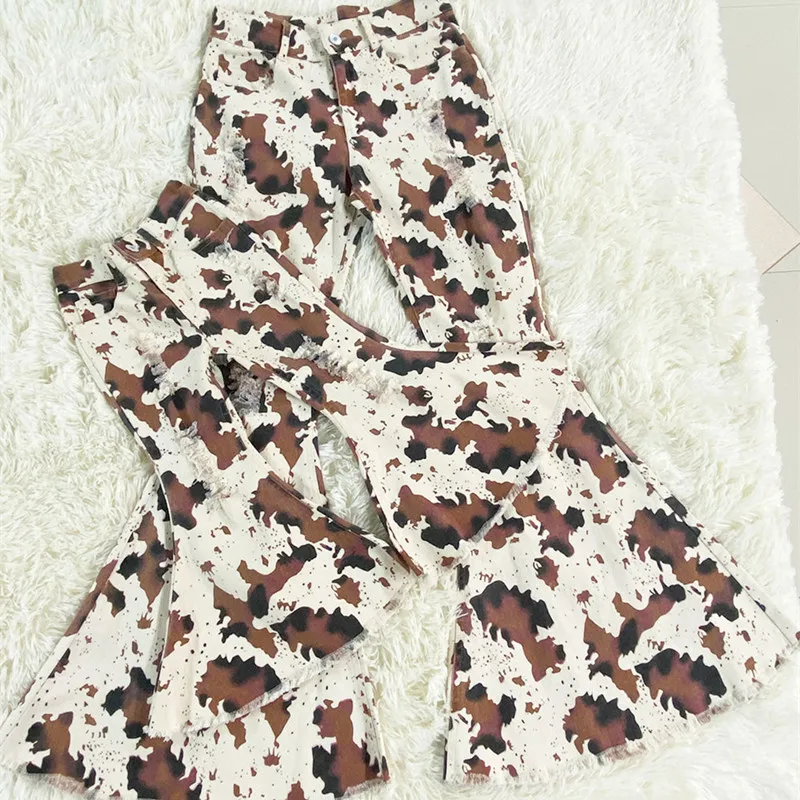 

Family Matching Pants Mother Daughter Casual Cow Pattern Flared Pants Women Kids Slim Wide-leg Brown Pants Family Look