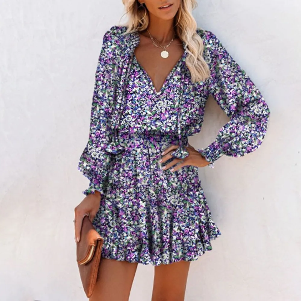 

Autumn Dress Women Leopard Print Sexy V-Neck Ruffles Elastic Waist Dress French Oversize Long Sleeve Holiday Mini Dresses