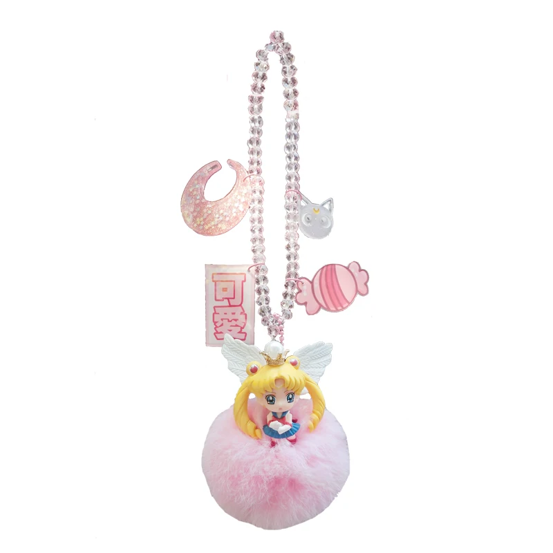 

Sailor Moon Car Pendant Women Anime Decor Kawaii Bling Ornaments Fur Pompom Chain Beads Car Interior Ornaments Halloween Gifts