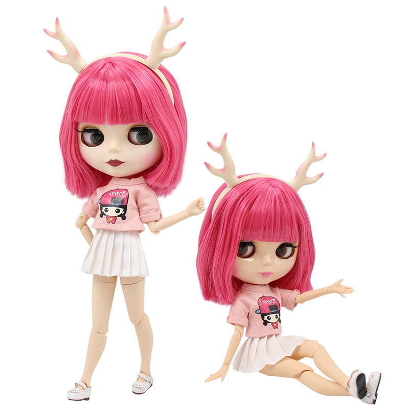 Ледяная фабрика шарнирная кукла blyth игрушка короткие розовые волосы с челкой белая кожа сустава тела ободок в виде лося рубашка платье обувь 1/6 30 см