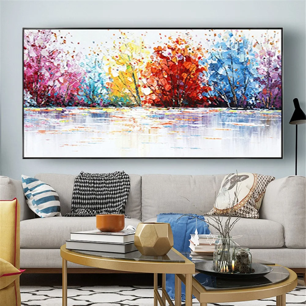 

colorful Lakeside trees picture Hand Painted Modern Abstract landscape Oil Painting On Canvas huge Wall Art Gift for Living Room