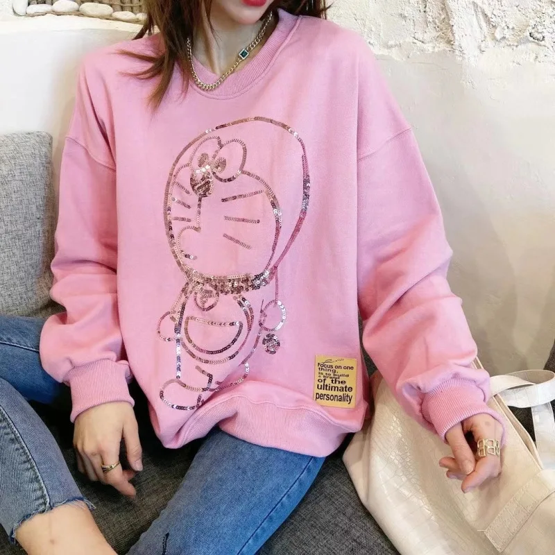 

Korean Style Y2k Girl Sequins Pattern Doraemon O-neck Sweatshirts Pink Long Sleeve Pullover Top Autumn Winter Oversized Pullover