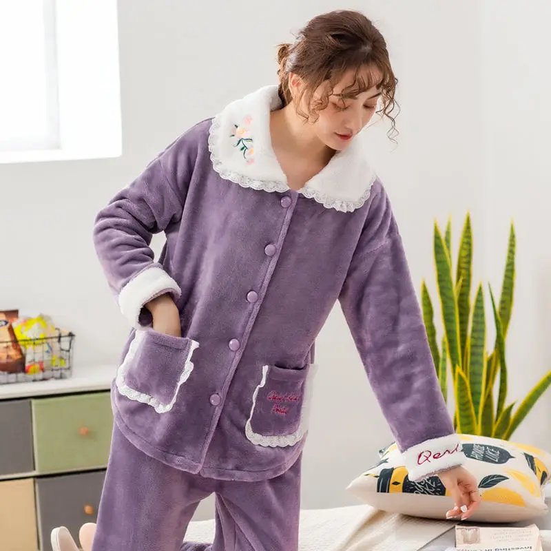 Теплый зимний женский пижамный комплект толстая Фланелевая пижама с длинными