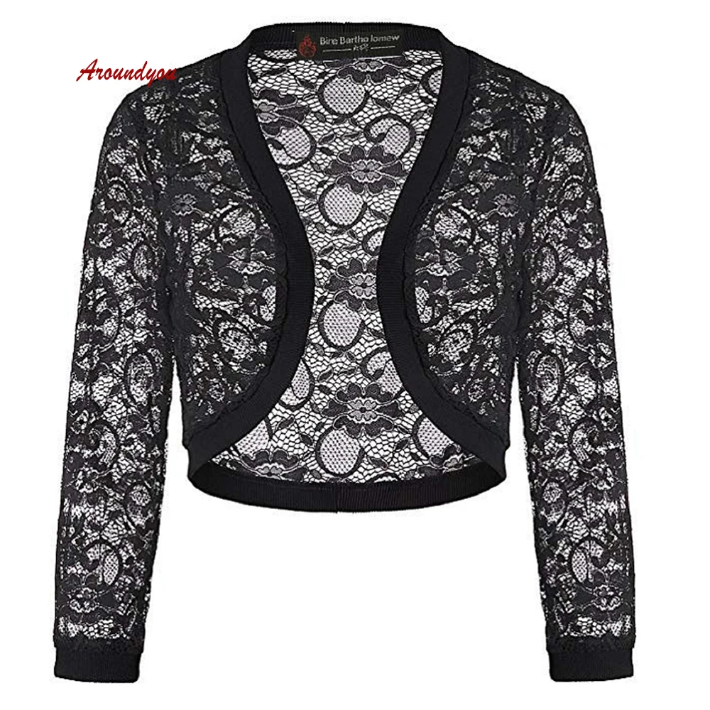 

Black Lace Long Sleeve Wedding Jacket Bridal Bolero Shrugs for Women Wedding Shawl Evening Dress Cape Wrap