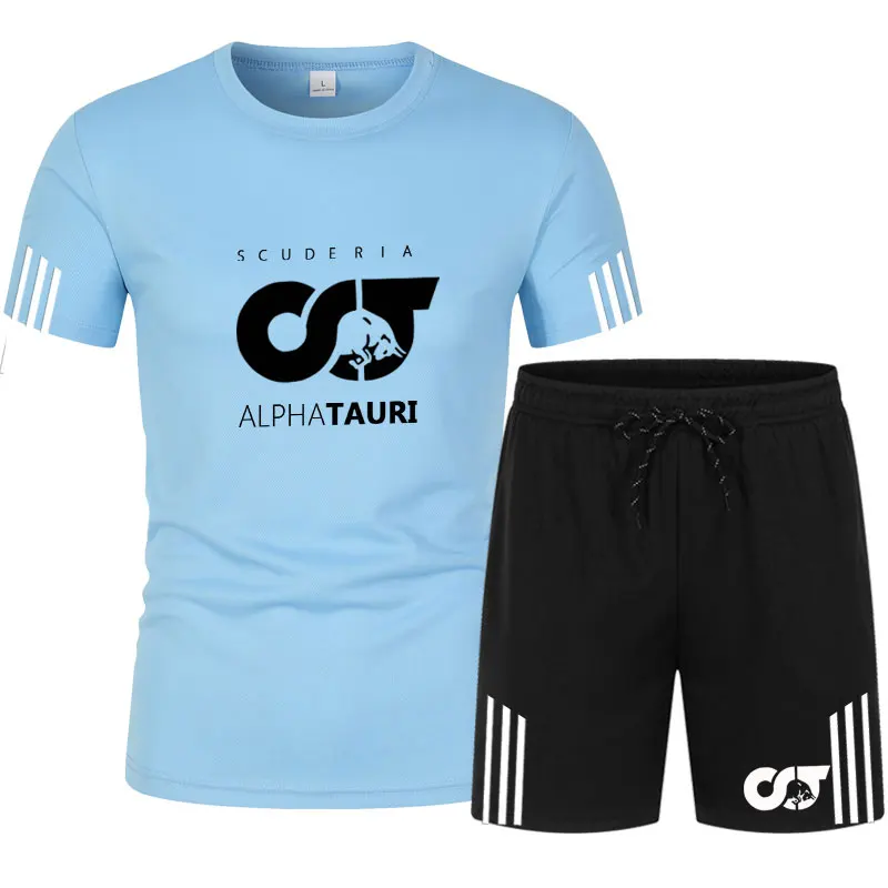 

2021latest F1 racing hot team printed logo breathable mesh casual sports shirt oversized T-shirt short sleeve+shorts men's suit