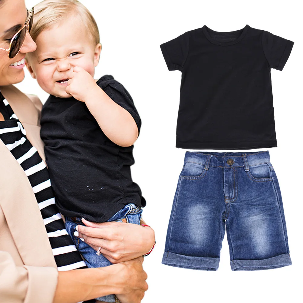 

Boys Black Short-sleeve T-shirt Jeans Suit Cotton Kids Tops Toddler Girl Summer Clothes