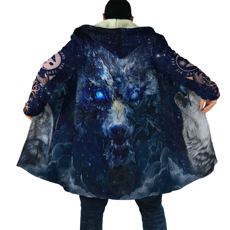 Fashionable winter men's hooded cloak Viking wolf tattoo 3D printing fleece trench coat unisex casual thick warm hooded cloak