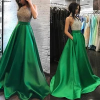 fashion green evening dresses 2020 with pockets halter beaded crystals a line arabic dubai prom occasion gowns abendkleider