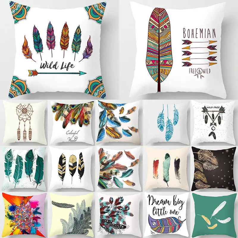 Boho Indain красочными перьями в стиле Ловец снов 45*45 см Печатный чехол для подушки из