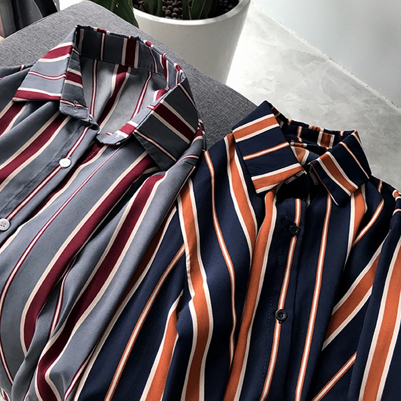 Новая мода полосатая блузка рубашка 3XL плюс размер женские Топы с длинным рукавом