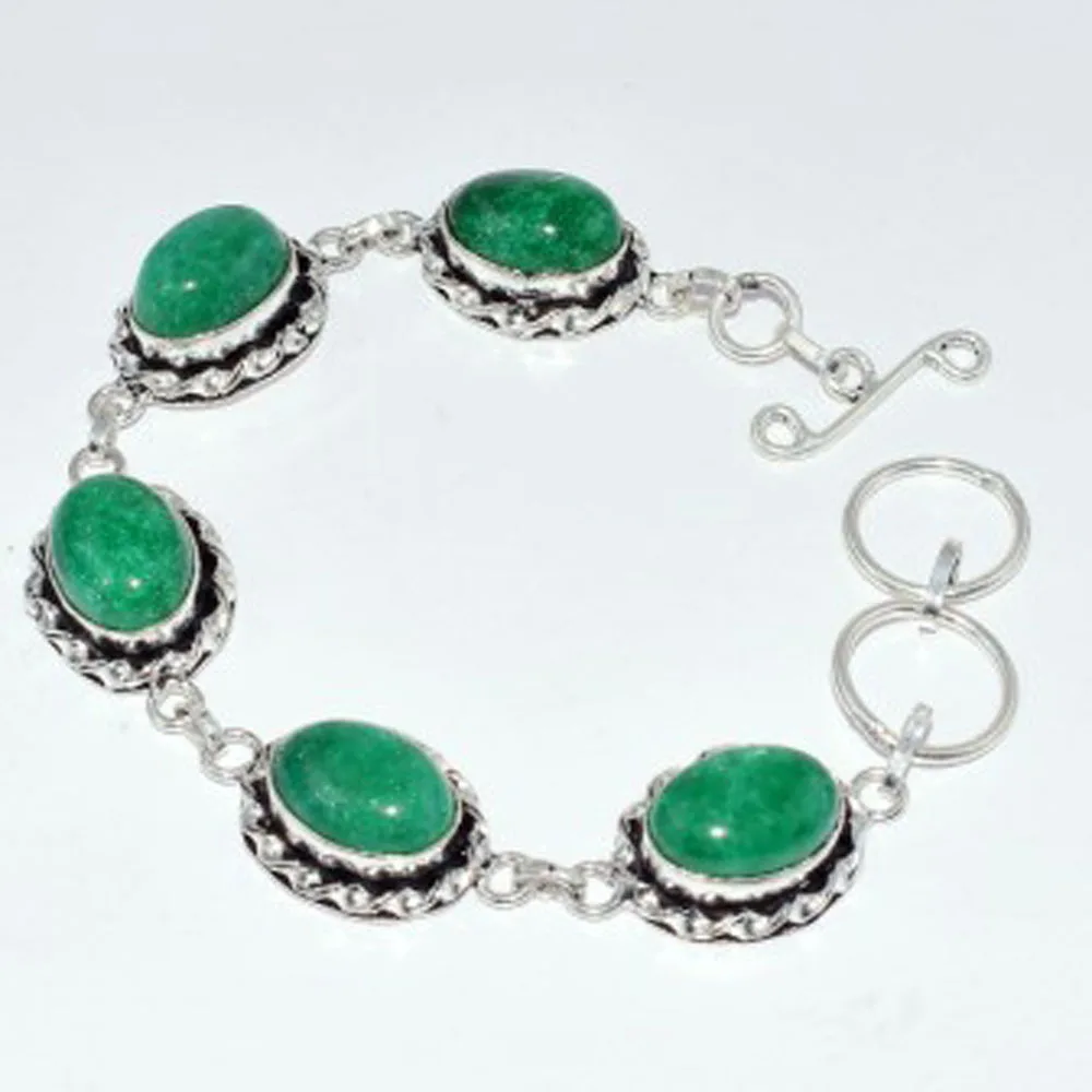 Браслет из зеленого авантюрина, накладка из серебра на медь, 20 см, B3573