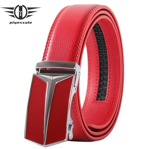 Plyesxale Красный мужской ремень из натуральной коровьей кожи мужской ремень с автоматической пряжкой для джинсов оригинального дизайна Роскошные Высокое качество Мужские ремни B109