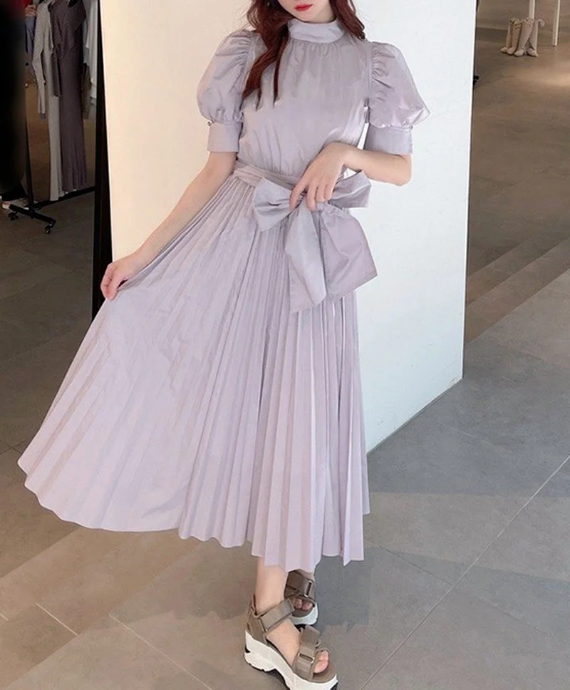 

Summer Spring 2021 Fashion Woman Clothing High Waist Slim Puff Sleeve Rosette Solid Dresses Japanese Sweet Vestidos