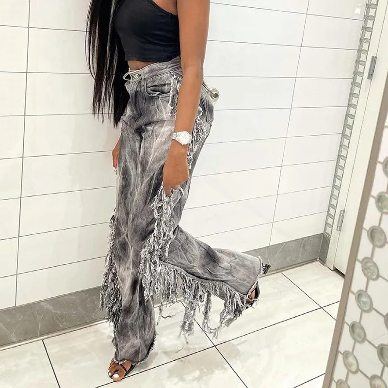 

Fashion Gray Tie Dye Print Denim Pants Hight Waist Wide Leg Trousers Side Tassel Fringe Long Jeans Autumn Winter Pants