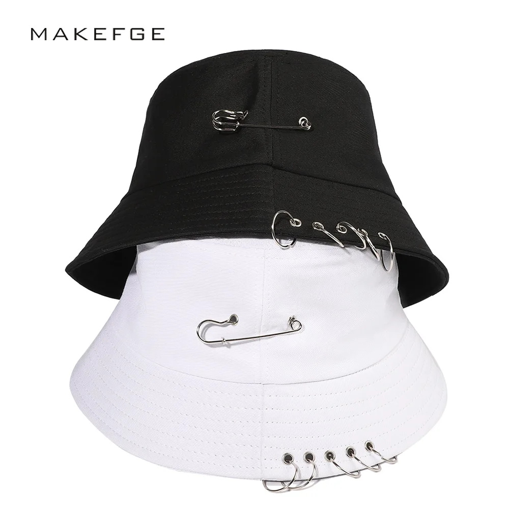 

Pure Color Bucket Hats Women's Cap Men's hats Metal Decoration Summer Outdoor Shade Leisure Trend Hip-hop Foldable 2021 New