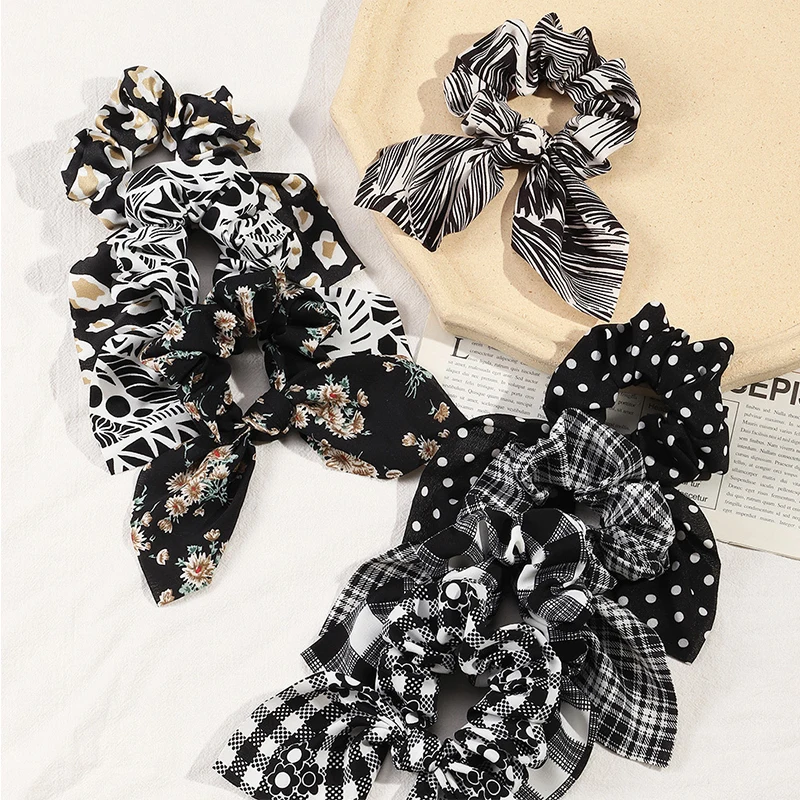 

Bows Knotted Scrunchies Large Intestine Hair Ring Black Plaid Floral Hair Rope Rabbit Ears Ponytail Holder Hair Accessories