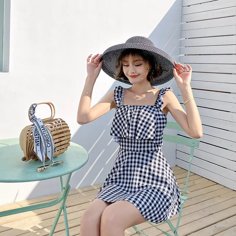 Накидка женская клетчатая с высокой талией милый тонкий купальный костюм