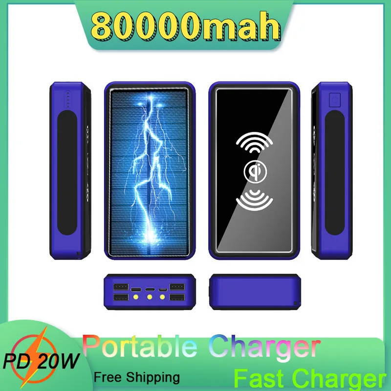 80000mah wireless solar power bank portable chager large capacity external battery 4usb poverbank for xiaomi iphone samsung free global shipping