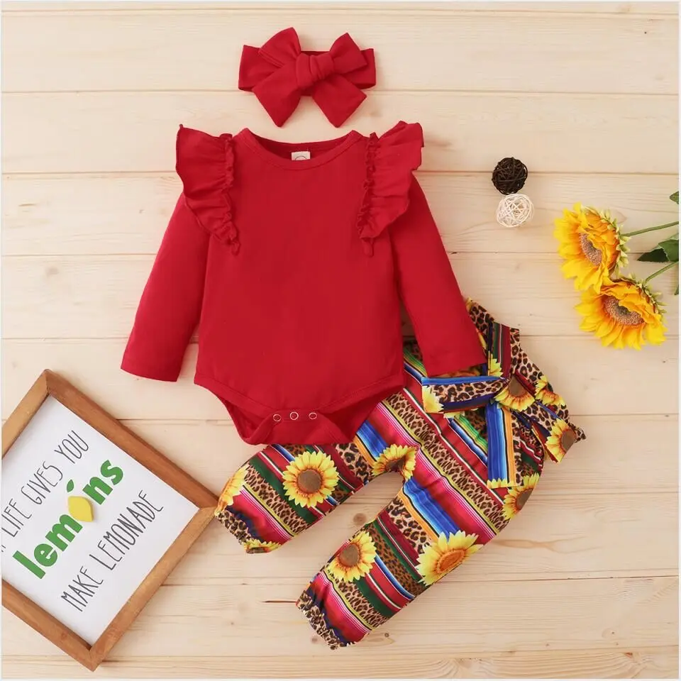 

3PCS Infant Baby Girl Clothes, Long Sleeve Crew Neck Ruffle Romper + Printed Pants + Headband Set