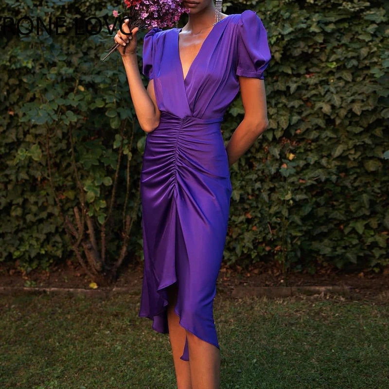 Женское однотонное элегантное платье средней длины с V-образным вырезом и