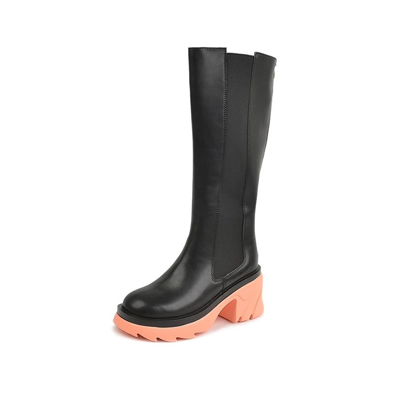 

Fashion Long Boots Women 2021 Autumn New Round Toe Zipper Square High Heel Boot Woman Casual Women's Long Tube Platform Shoes