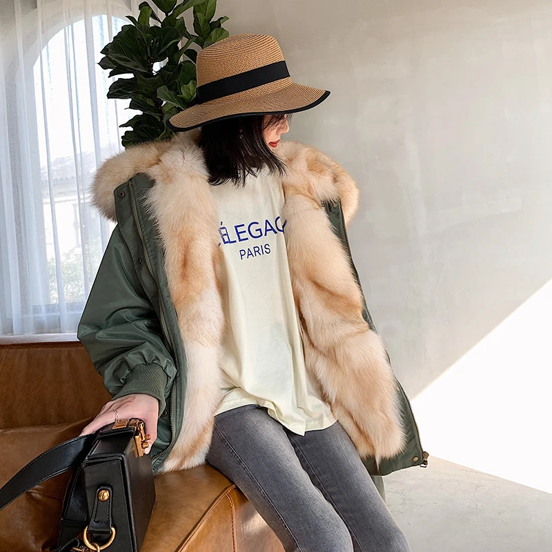 New Korean Real Fox Fur Bomber Jacket Female Winter Waterproof Coat 2021 Fox Fur Liner Hooded Parka Outerwear Streetwear Women