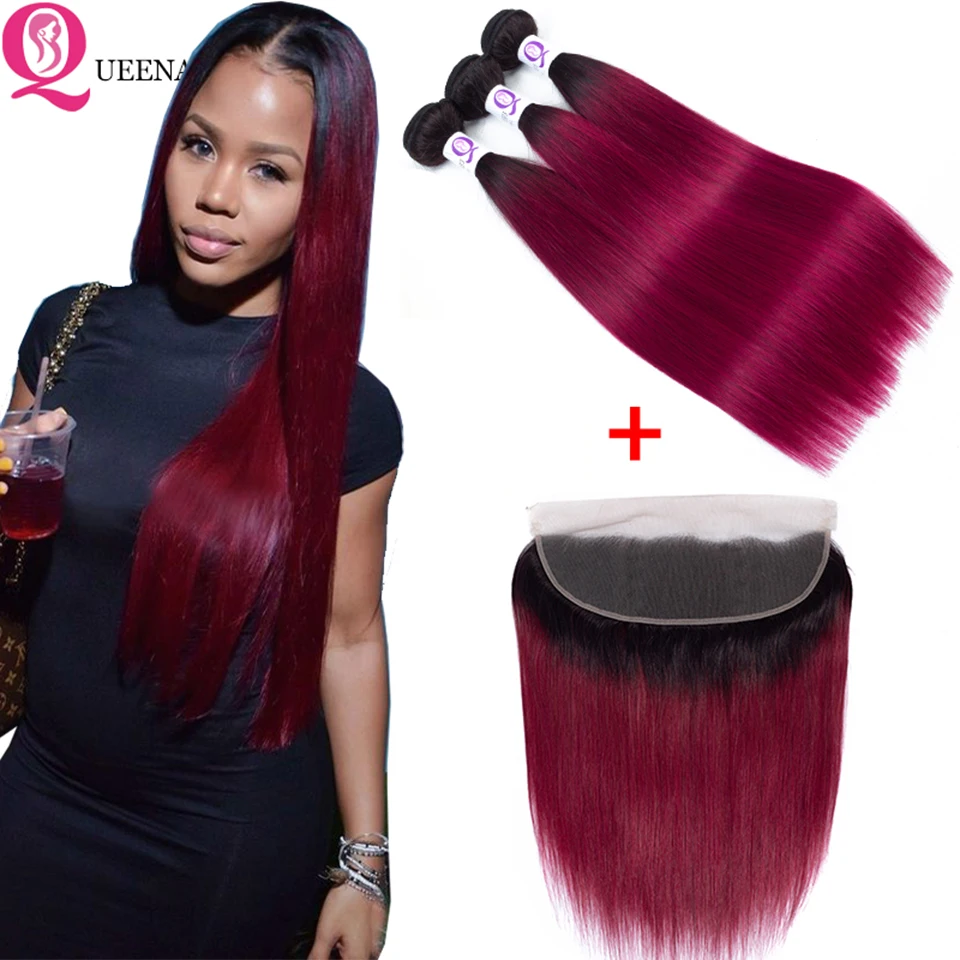Ombre Burgundy Bundles With Frontal Closure Colored Straight Human Hair Bundles With Closure Malaysian Hair Bundles With Frontal