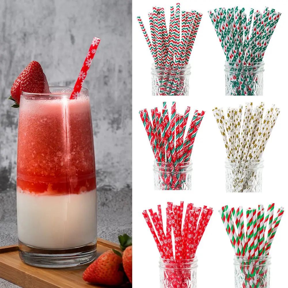 

25Pcs Christmas Paper Straws Snowflake Drinking Straw Merry Christmas Decora Table Decor for Home Xmas New Year Party Supplies