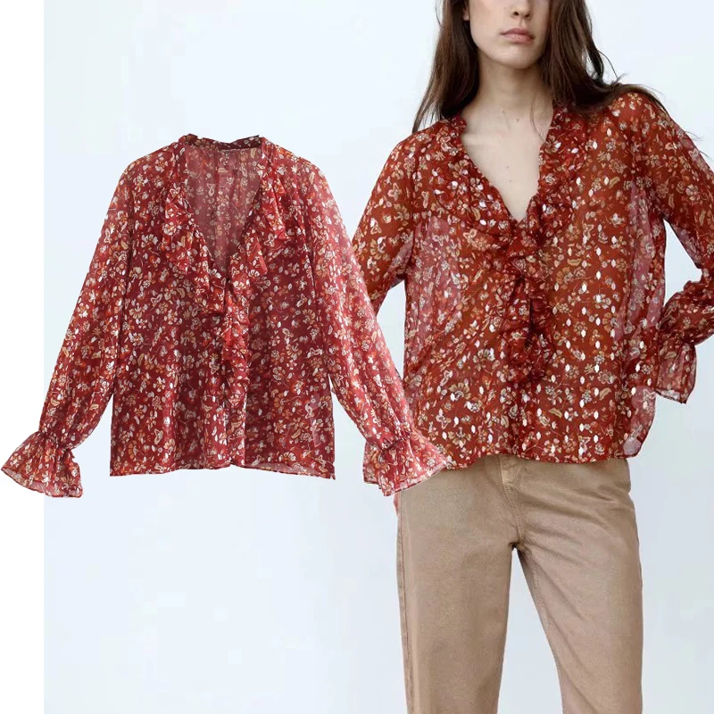 

ZA Spring Autumn Women Floral Blouse Shirts 2021 Ruffle V-Neck Single Breasted Casual Chic Top Long Sleeve Female Elegant Shirt