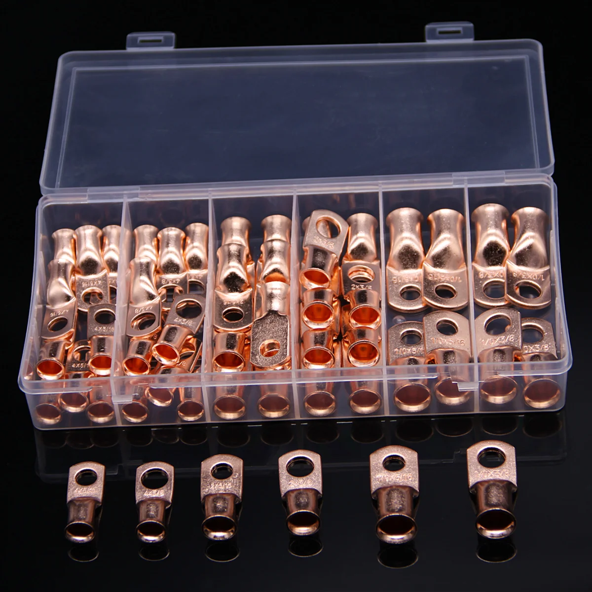 

50Pcs 1/0 AWG 2 AWG 4 AWG Bare Copper Wire RingTerminal 3/8" 5/16" Electrical Cable Connectors Lug Terminals Assortment Kit