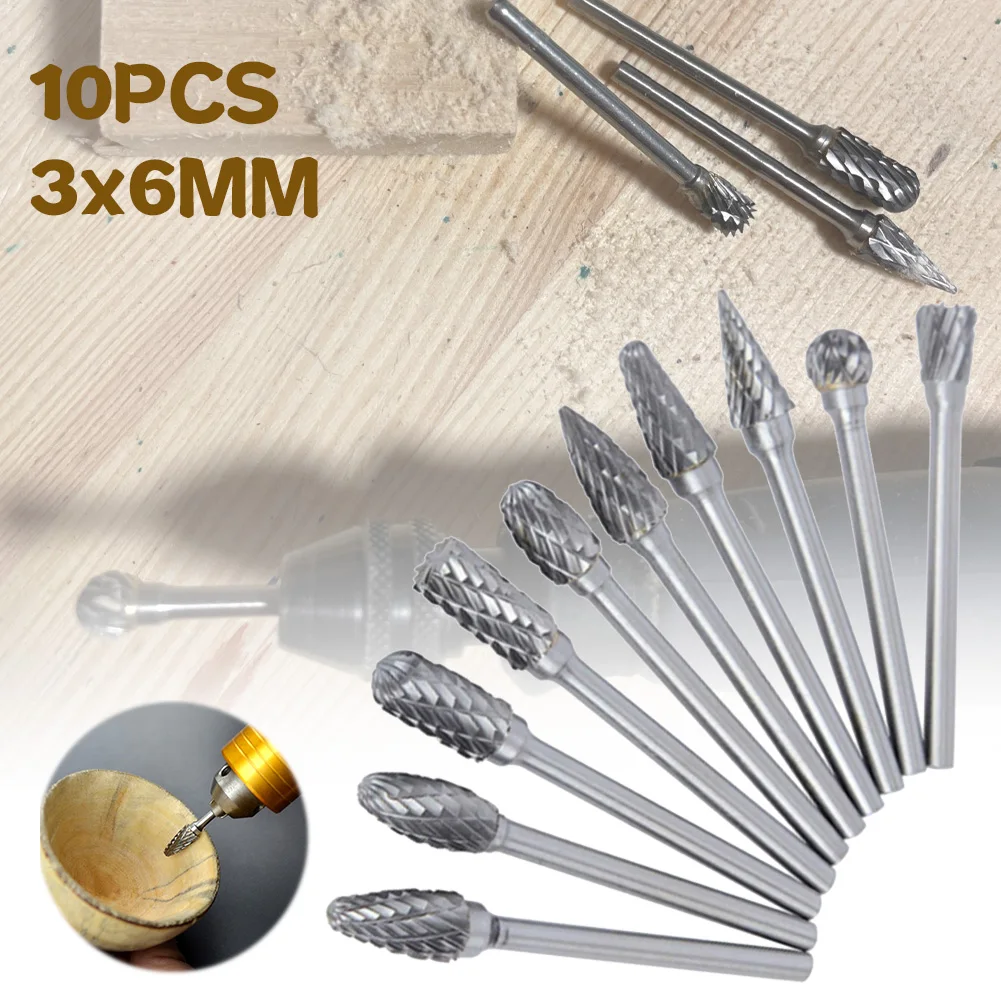 

10Pc Shank Tungsten Carbide Milling Cutter Rotary Tool Burr Double Diamond Cut Rotary â€‹Milling Polishing Electric Grinding 3*6mm