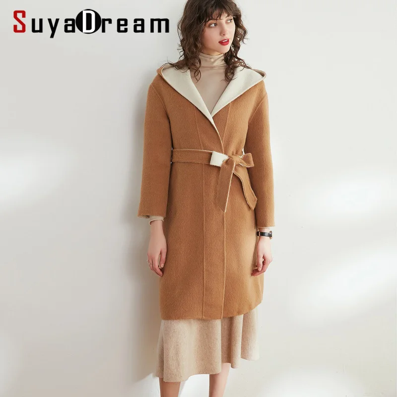 SuyaDream с капюшоном с поясом женское длинное шерстяное пальто шерстяное однотонное хаки двухстороннее шерстяное зимнее пальто