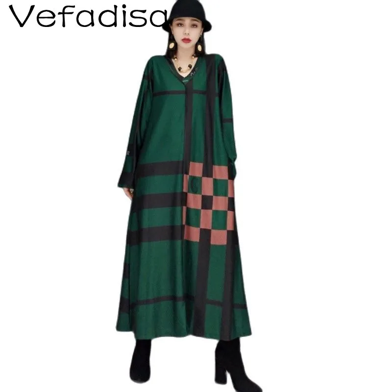 

Vefadisa Autumn Fashion Striped Contrast Color Temperament Long-sleeved Dress Loose V-neck Pullover Long Sleeve Dress TT458