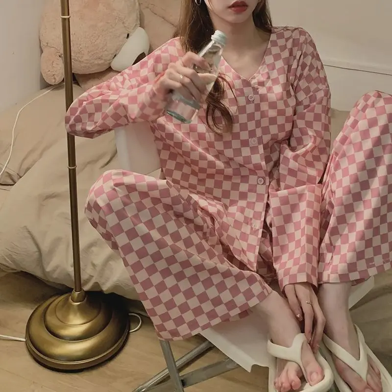 

QWEEK Pink Plaid Room Wear Korean Trouser Suits Women's Pajamas Home Clothes Pyjama Pour Femme Chic Pijamas Feminino Peignoir