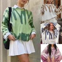 Elegant Green Striped Print Oversized Pullovers Women Winter O-Neck Loose Long Sweaters Streetwear Warm Outerwear 2021