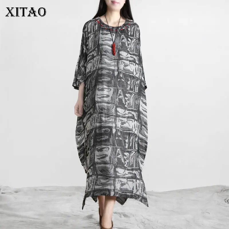 

XITAO контрастное платье большого размера с принтом, летнее Новое свободное Повседневное платье с круглым вырезом и рукавами «четверть», прос...