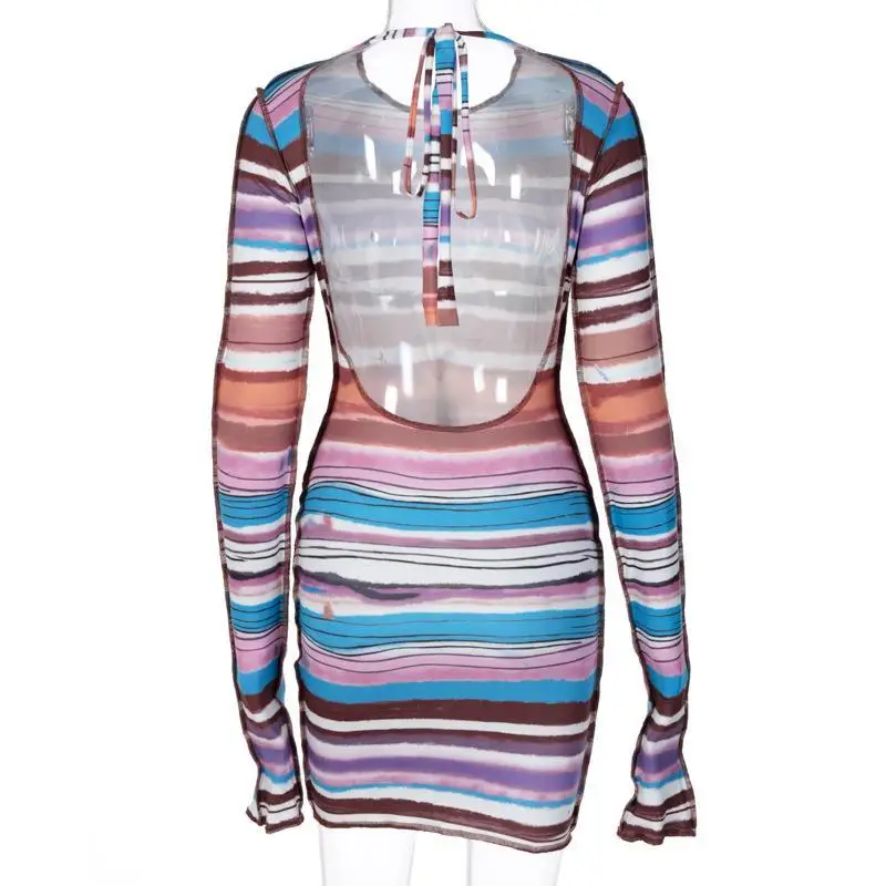

Sexy striped backless lace up slim Mini dress Women Fashion Chic long sleeve Elastic Dresses Ladies 2021 new summer Clothes