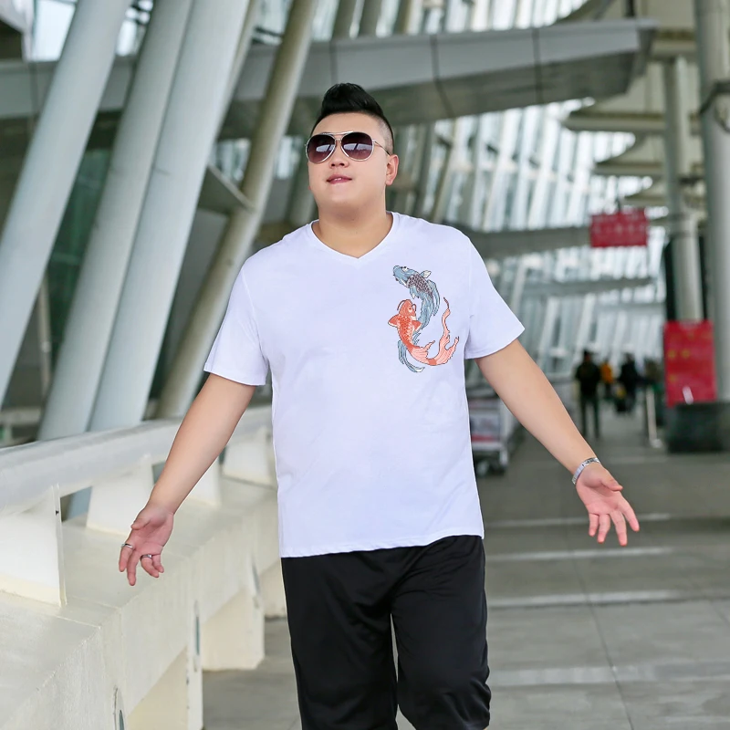 Мужская футболка большого размера с v-образным вырезом и рисунком рыбы летняя