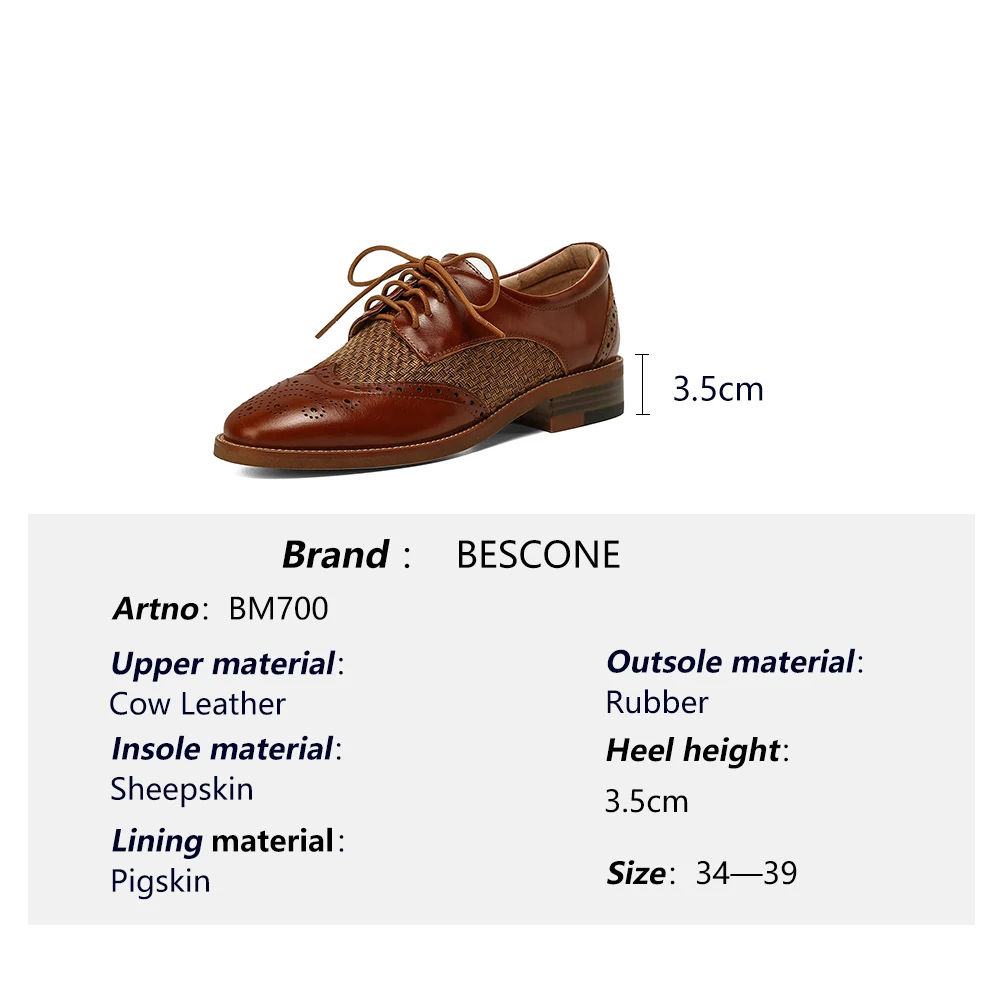 

Bescone Brogue England Style Shoe Woman Round Toe Patchwork Straw Lace Up Low Flat Genuine Leather Pigskin flat Shoe BM700
